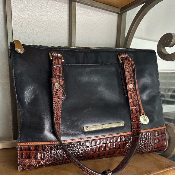 Brahmin Black and Croc Embossed Leather Large Shoulder Bag